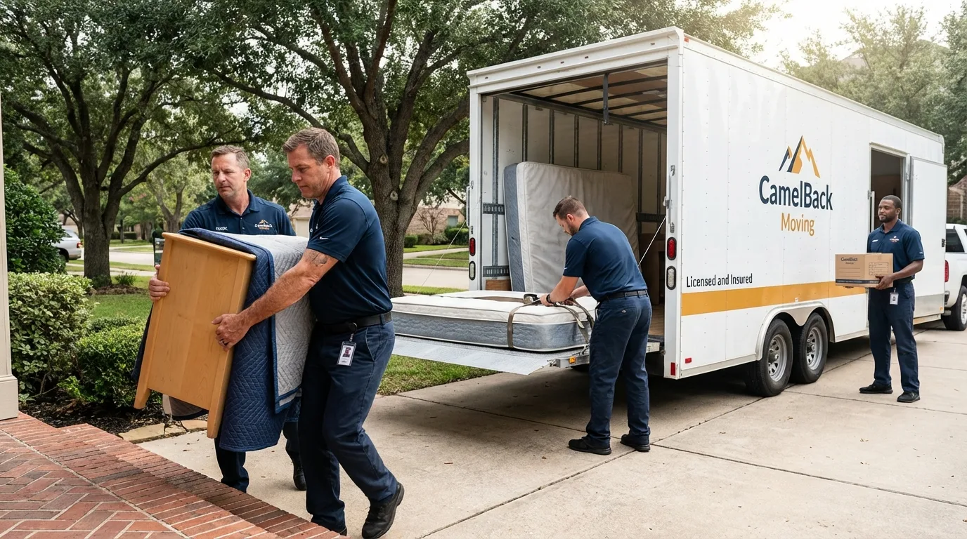 Crew loading residential truck for cross-state move from Sterling City, TX