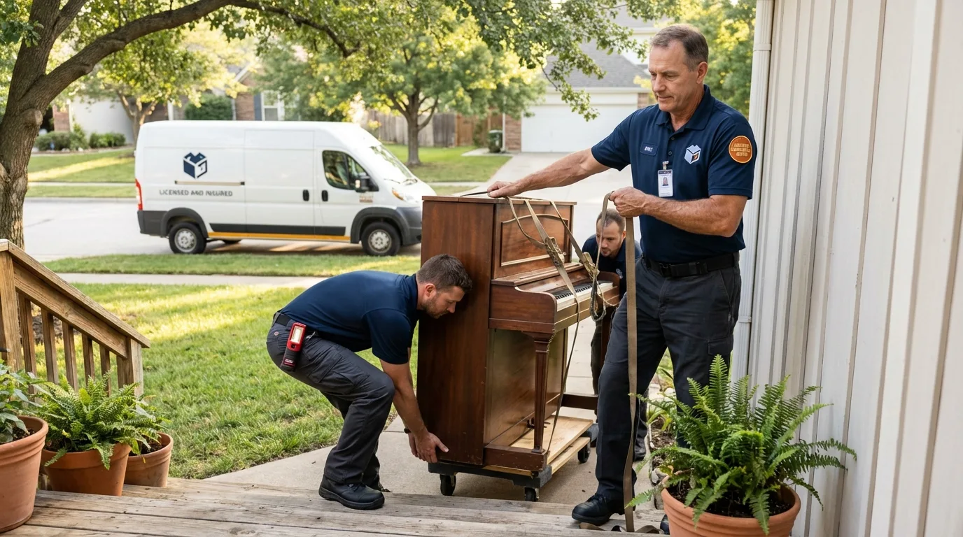 Licensed piano movers securing grand piano in Sterling City, TX