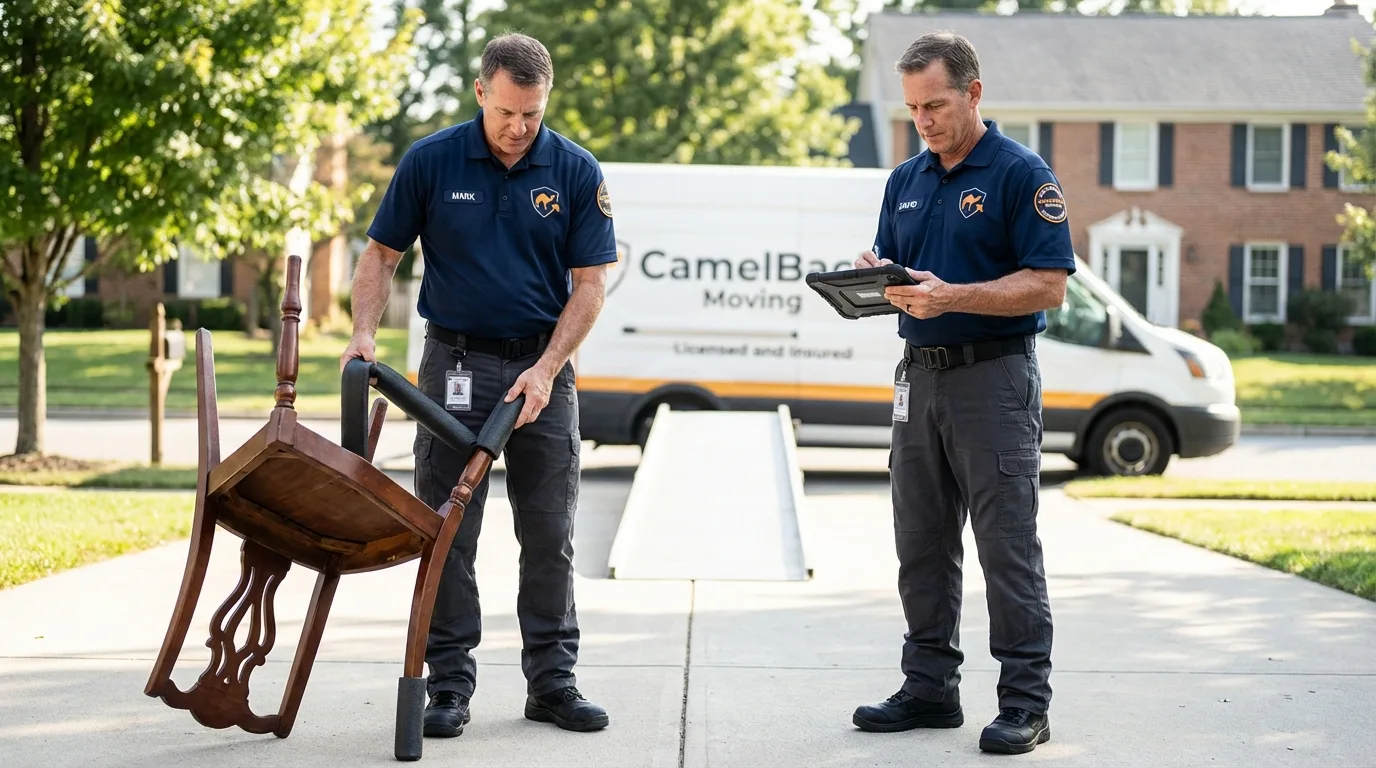 Movers inspecting furniture for damage prevention before loading in Sterling City, TX