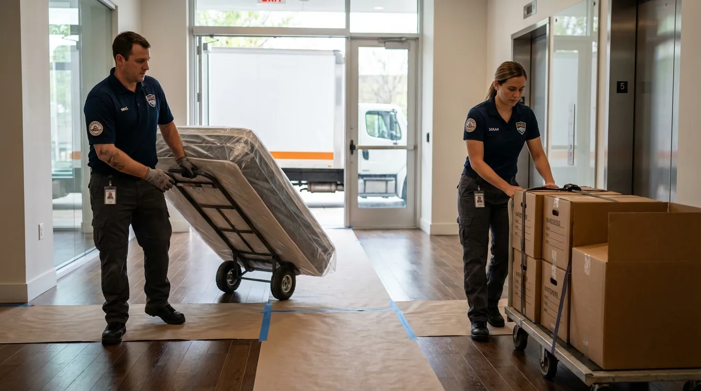Professional apartment movers loading elevator in Sterling City, TX